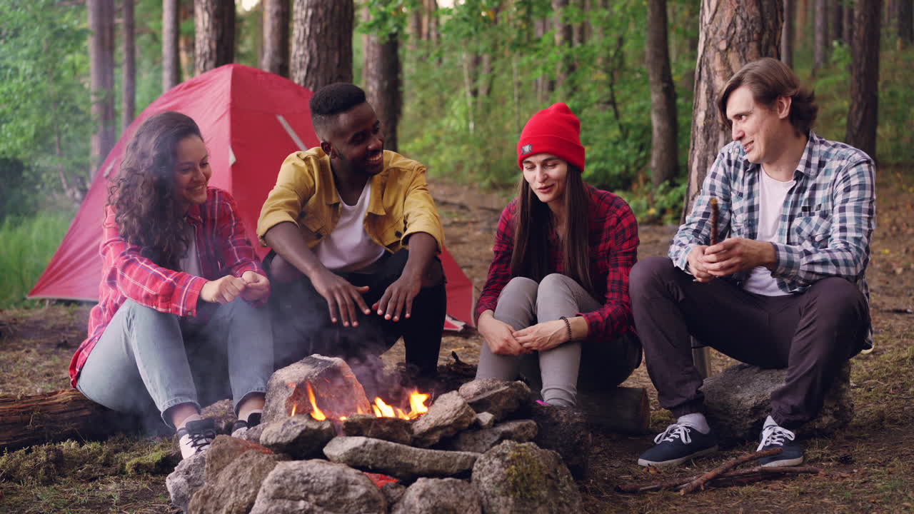 Friends Camping Around a Campfire