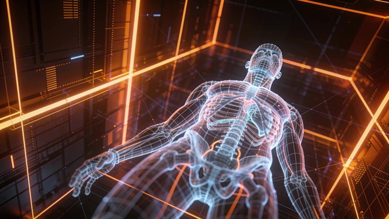 Pulsing anatomical mesh shifting upward, revealing chest and spine in lab, glowing orange cube scan