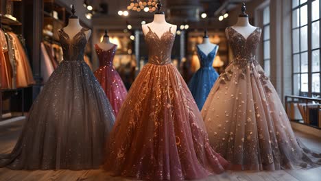 elegant ball gowns on display in a boutique