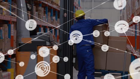 Animation-of-network-of-connected-people-icons-over-caucasian-male-worker-in-warehouse