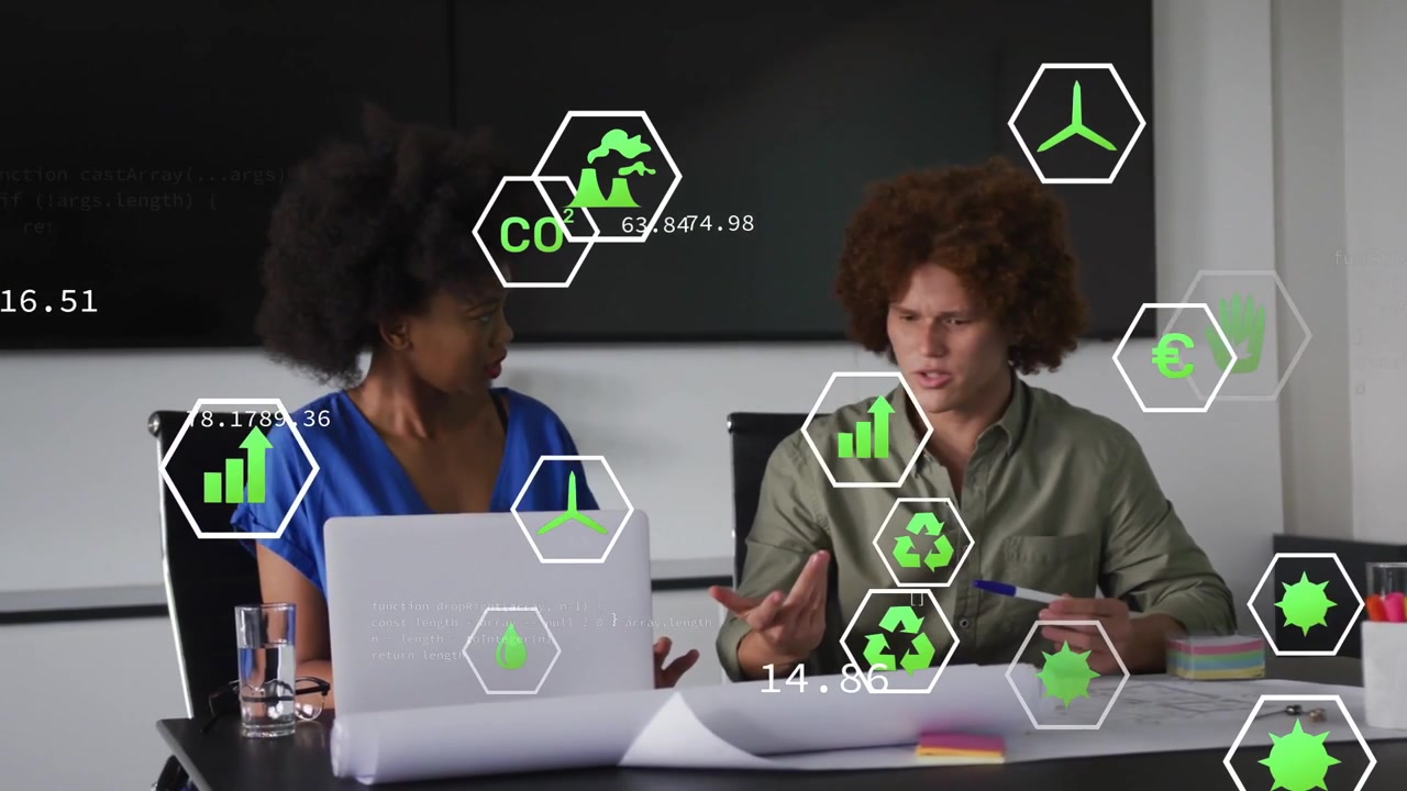 Woman typing and man pointing initiating animated green hex icons updating business project metrics