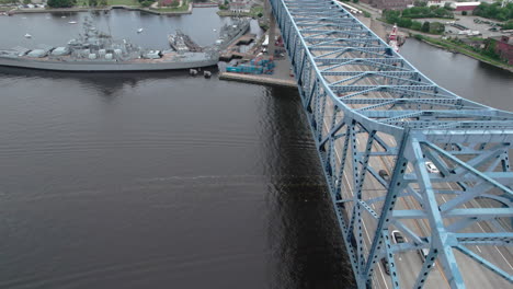 Aerial-video-of-traffic-on-the-Charles-M-Braga-Jr-Memorial-Bridge-in-Fall-River,-MA