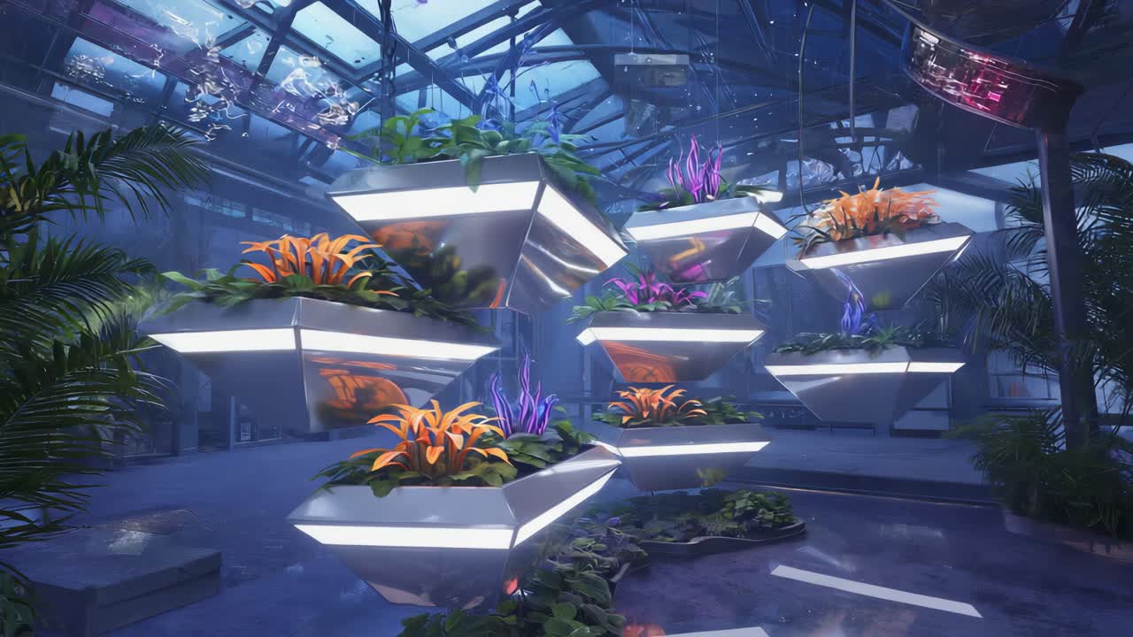 A futuristic indoor garden with hanging planters