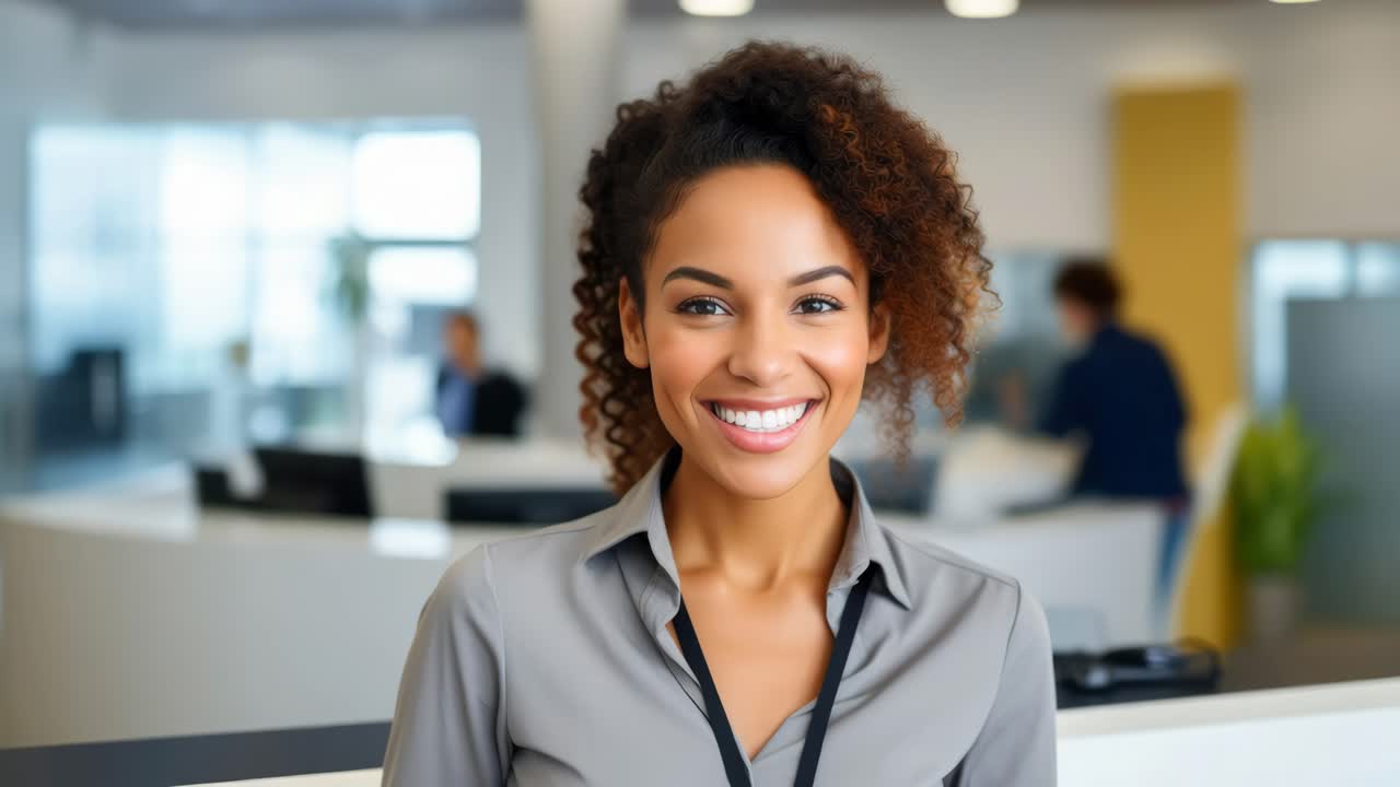 Uma profissional sorrindo em um escritório, capturada de um ângulo frontal