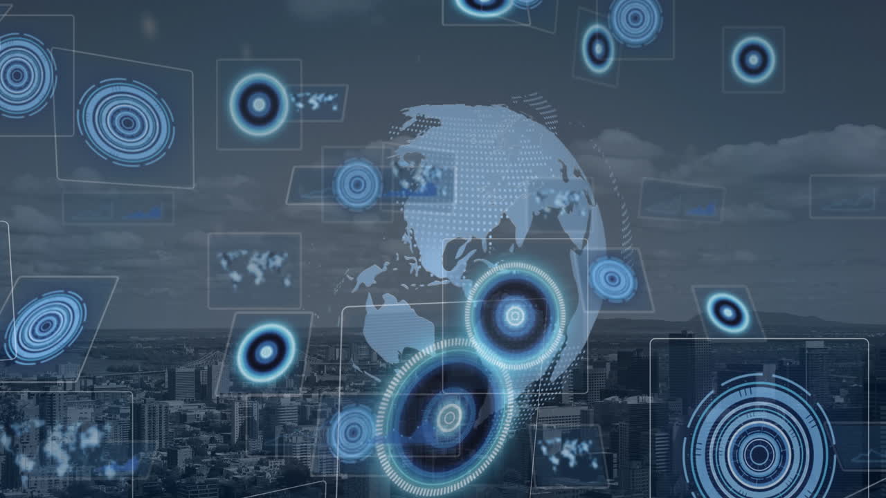 Composizione di scanner su schermi, su globo e paesaggio urbano