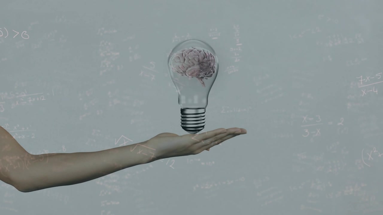 Forearm entering from left and presenting descending clear bulb with brain, visualizing math ideas