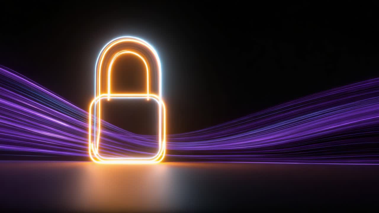 Illuminated Padlock Surrounded by Vibrant Light Trails Representing Security and Protection in a Digital Environment with a Futuristic Aesthetic