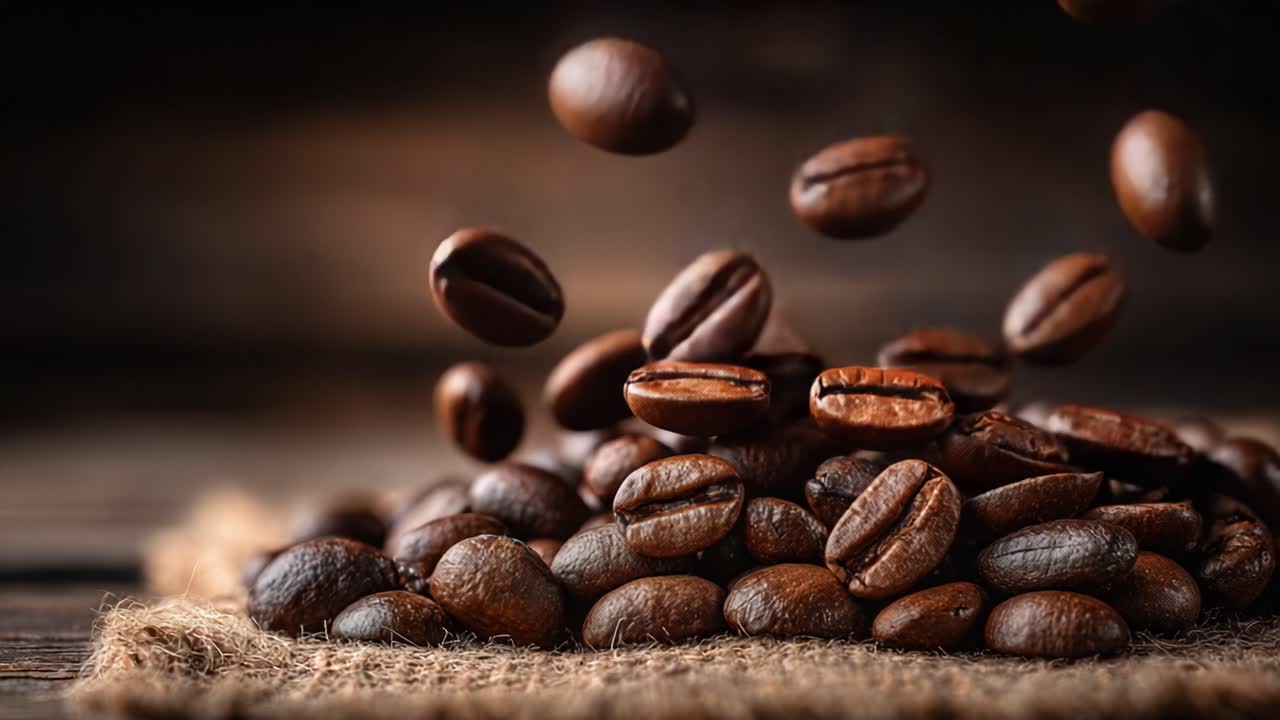 Captivating Close-Up of Roasted Coffee Beans Showcasing Their Rich Color and Texture in a Rustic Setting with Floating Beans Above a Pile
