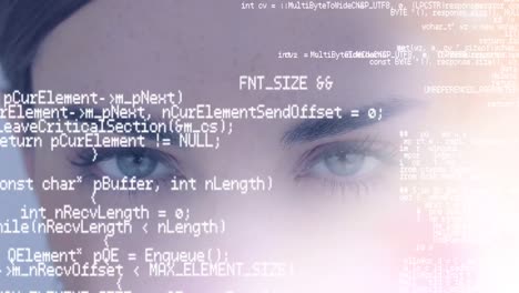 animation of data processing over eyes of caucasian woman