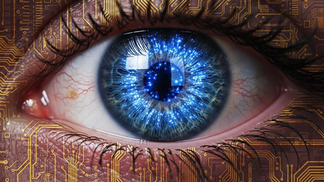 A Mesmerizing Journey Through the Evolving Eye: From Brilliant Blue to Captivating Green Amidst a Digital Circuitry Background