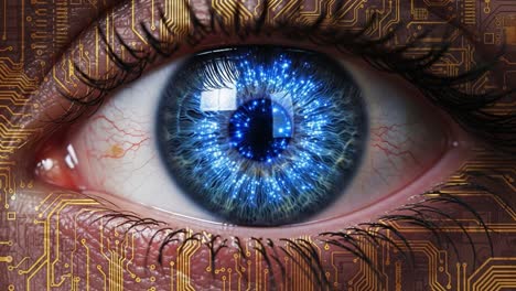 a mesmerizing journey through the evolving eye: from brilliant blue to captivating green amidst a digital circuitry background