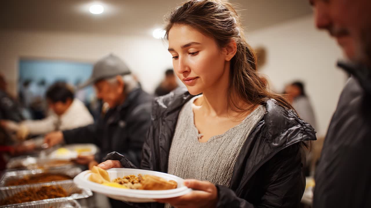 Uma jovem de suéter cinza segura um prato de comida com uma expressão pensativa em um espaço de reunião comunitária movimentado e cheio de pessoas desfrutando de uma refeição juntas
