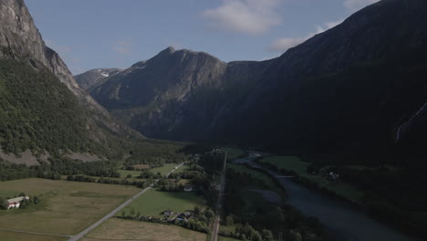 romsdalen valley and rauma river in norway - aerial drone shot