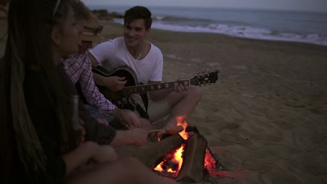 picnic of young people with bonfire on the beach in the evening. cheerful friends singing songs and playing guitar. slow motion