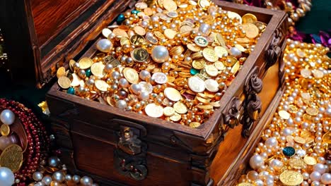 a wooden chest filled with lots of gold and pearls