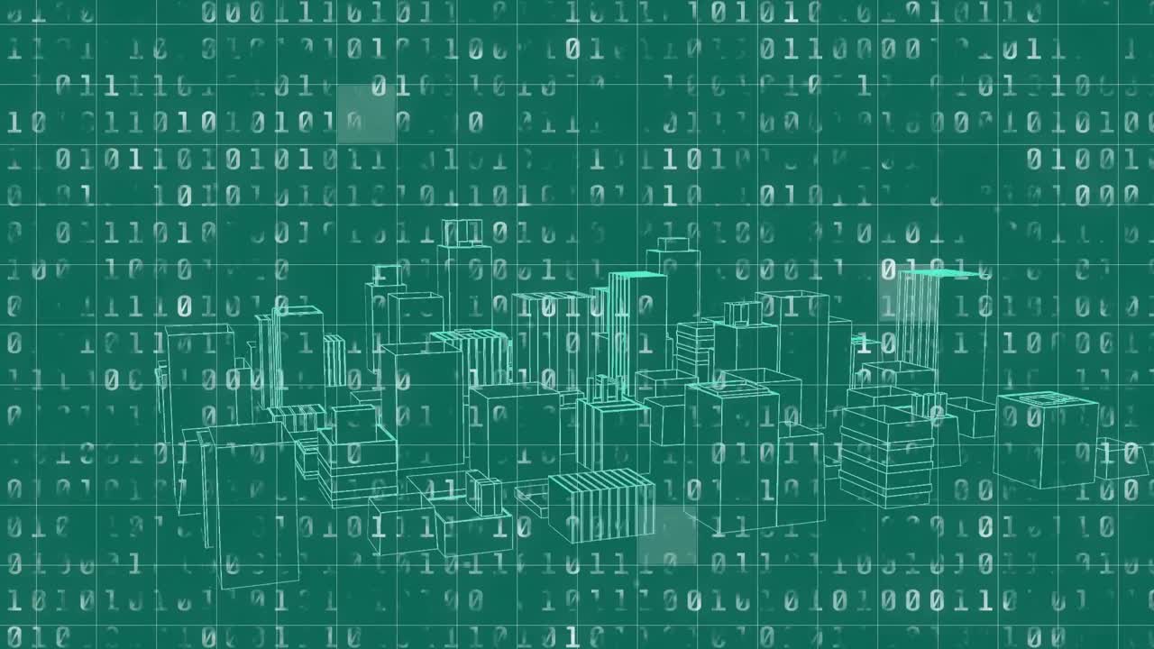 Animation of binary coding data processing over cityscape on green background