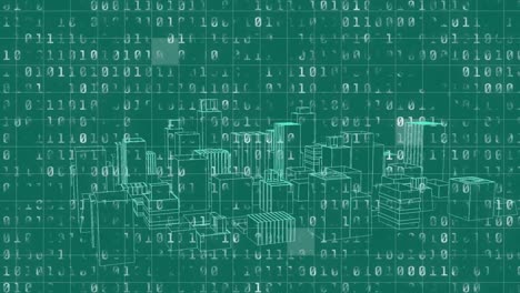 animation of binary coding data processing over cityscape on green background