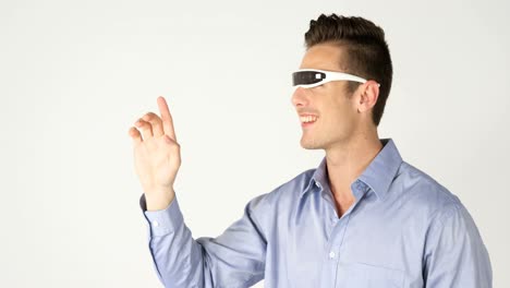 Man-using-visual-reality-headset-on-white-background