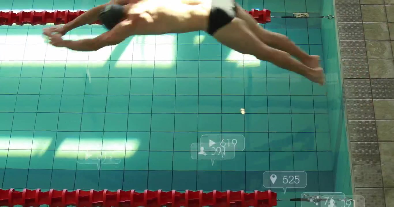 Male swimmer crouching and diving into pool with digital icons visualizing viewer engagement