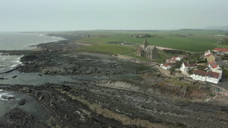 An-aerial-view-of-St-Monans-town-and-church,-Fife,-Scotland