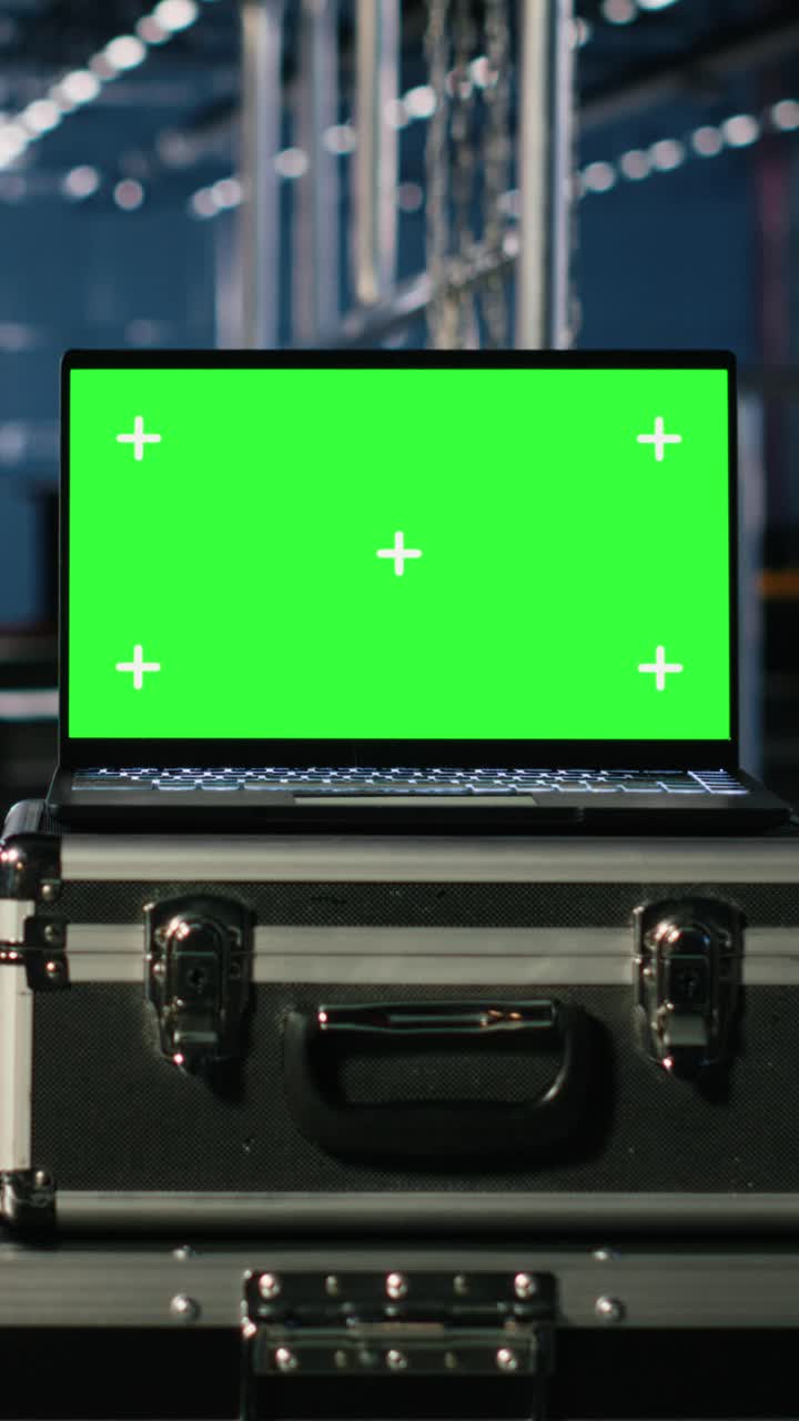 Vertical Video Green screen in empty industry hall with steel and mechanical equipment