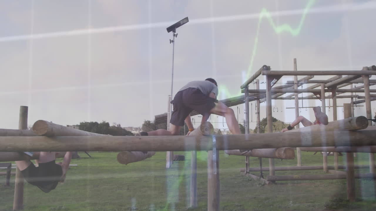 장애물 코스에서 다양한 스포츠 선수들에 대한 데이터 처리의 애니메이션