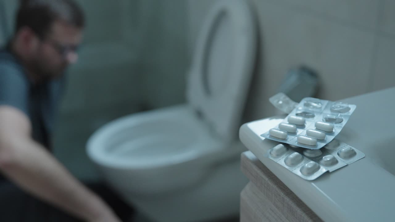 Clip video in stock cinematografiche che mostrano un water sullo sfondo e pillole di farmaci su una superficie del bagno, riprese al rallentatore per simboleggiare nausea, malattia, vulnerabilità e problemi di salute