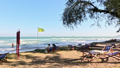 beach chairs and flags on a breezy coastline