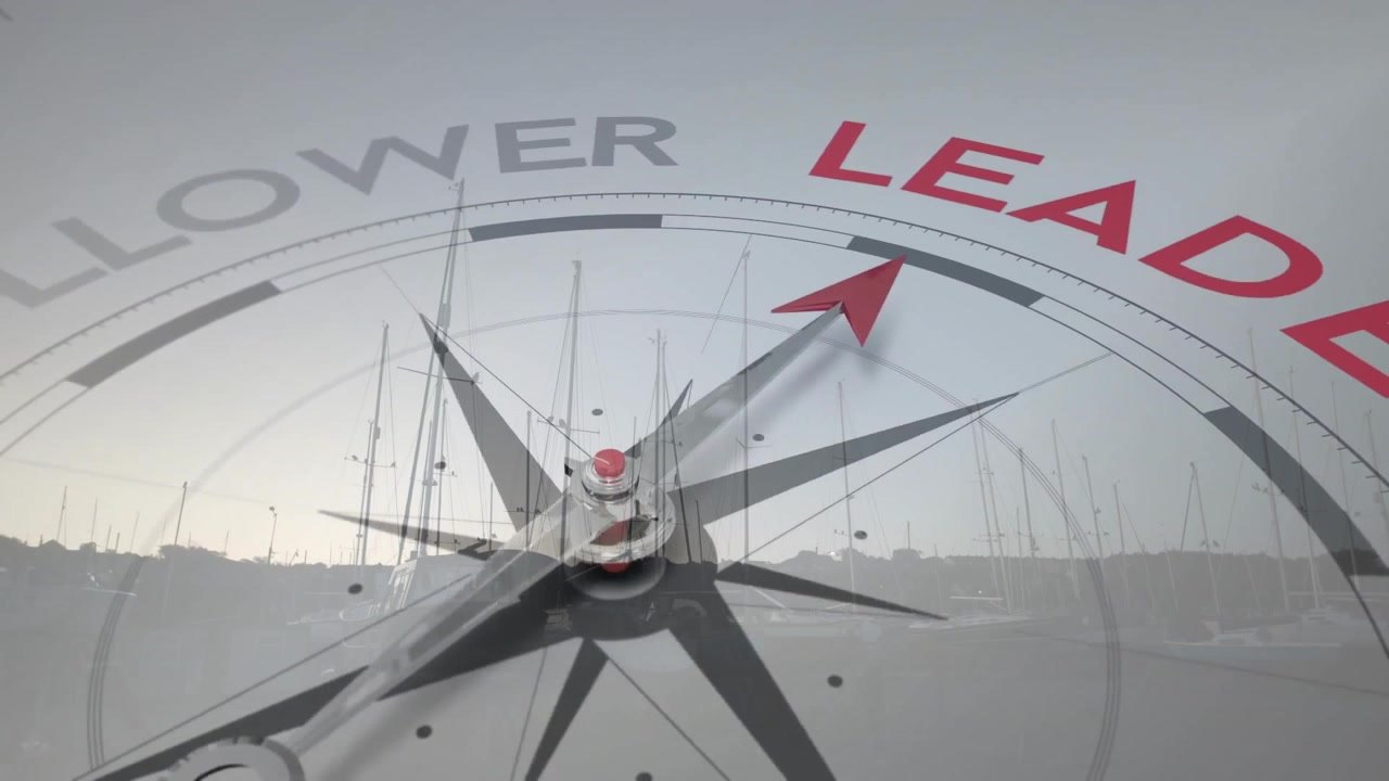 Compass rose arrow rotating from FOLLOWER toward LEADER, shifting toward leadership in flat design