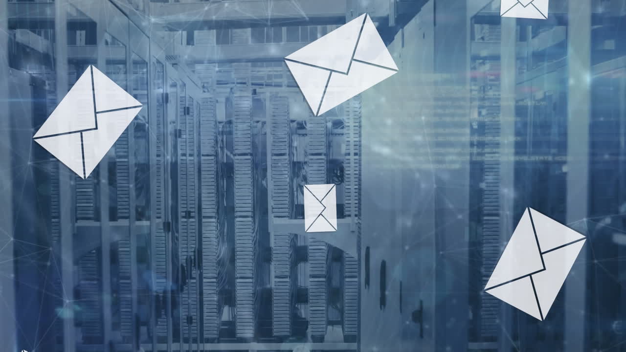 Animation of network of connections, data processing and message icons falling against server room
