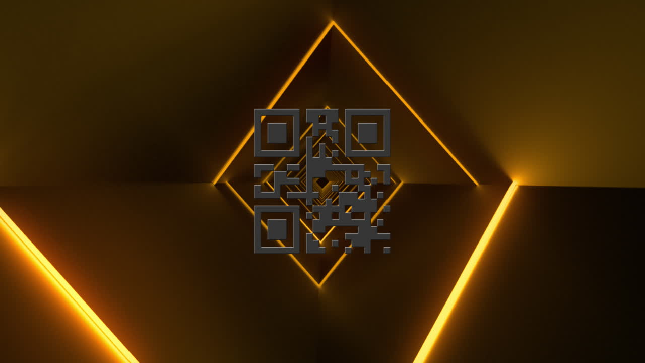 animación de un código qr rosado parpadeante con líneas de neón amarillo.
