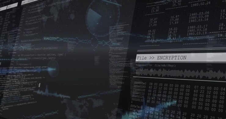 Upon panels sliding into view showing scrolling code pulsing encryption and swirling data particles