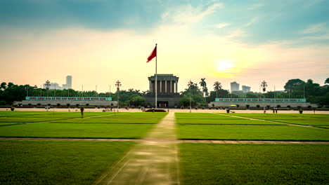 Iconic imposing monument Ho Chi Minh Mausoleum in Hanoi, sunset drone hyperlapse