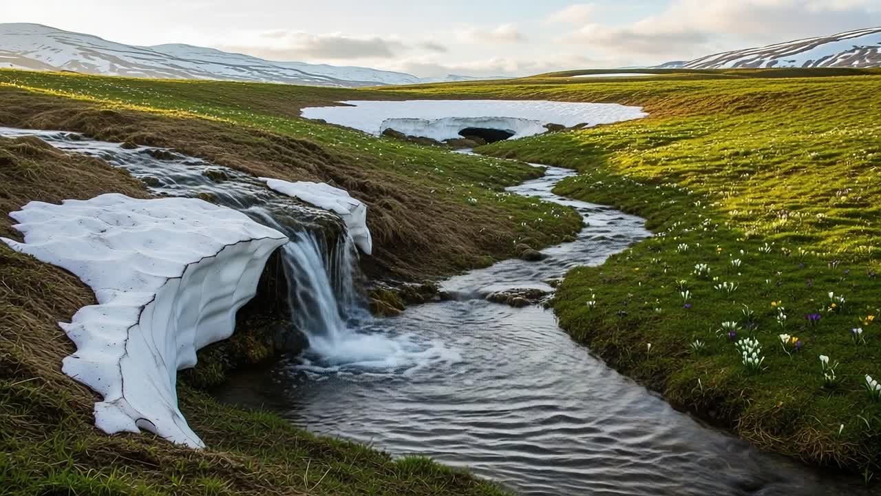 Serene Snowmelt Stream Cascading Over a Snowy Landscape Surrounded by Lush Green Grass and Vibrant Wildflowers Under a Clear Sky
