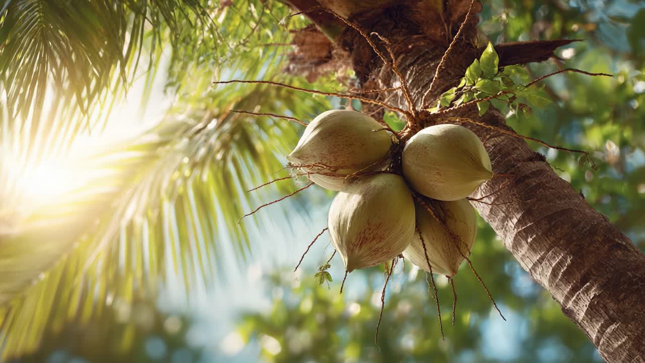 Captivating Close-up of Tropical Green Fruits Hanging from a Palm Tree, Illuminated by Soft Sunlight Filtering Through Lush Greenery