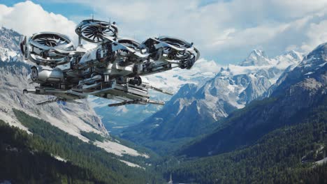 futuristic flying vehicle soaring above mountainous landscape