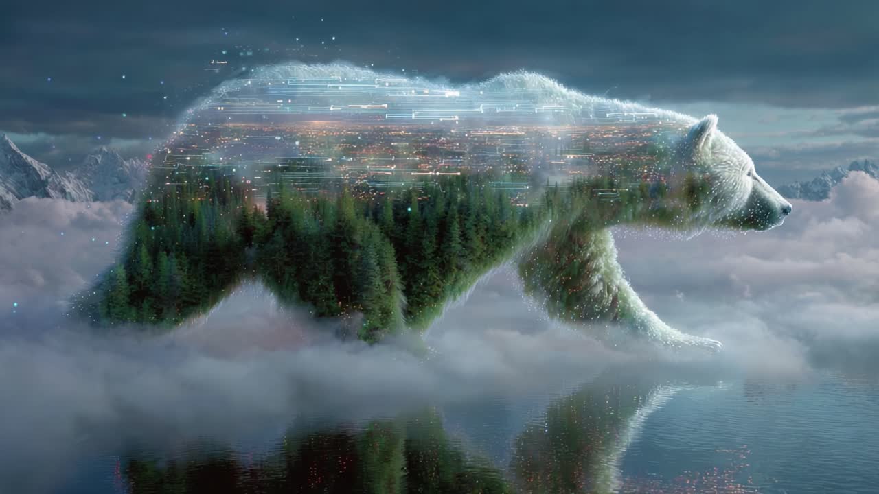 A Majestic Digital Bear Walking Through Ethereal Clouds with Enchanted Forest Elements, Blending Nature and Technology in a Dreamlike Landscape
