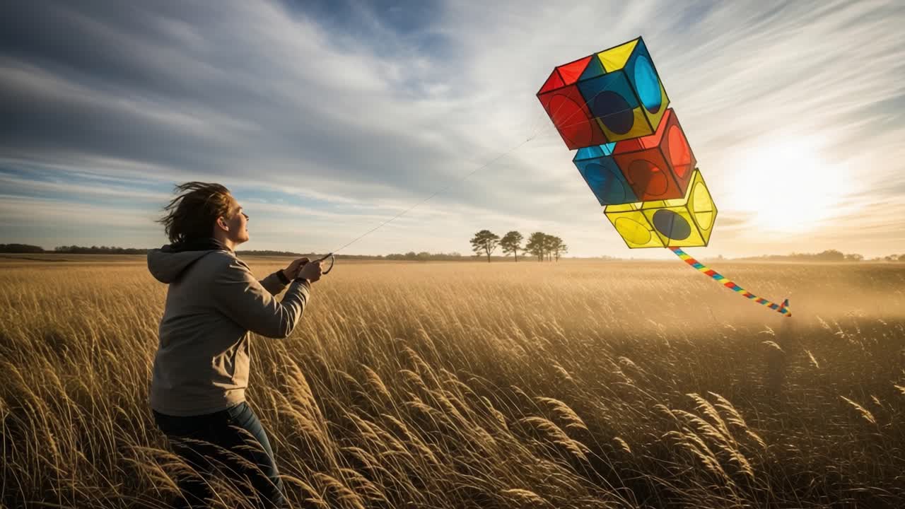 A joyful moment captured in a serene landscape as a person joyfully flies a colorful kite against a backdrop of golden fields and a breathtaking sunset