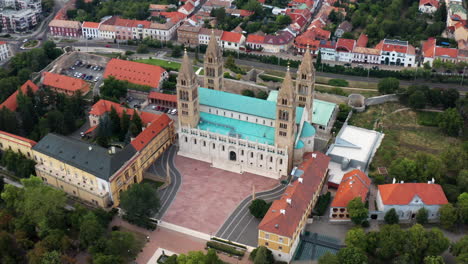 bird's eye view of bishop's palace near pecs cathedral, roman catholic church in pec city, hungary