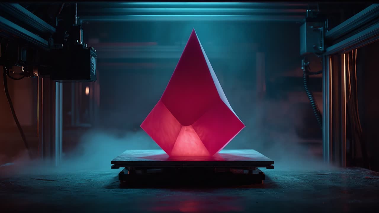 첨단 기술 환경에서 조명되어 첨단 3D 프린팅 기술과 창의적인 디자인 혁신을 선보이는 빛나는 분홍색 크리스탈 구조물.