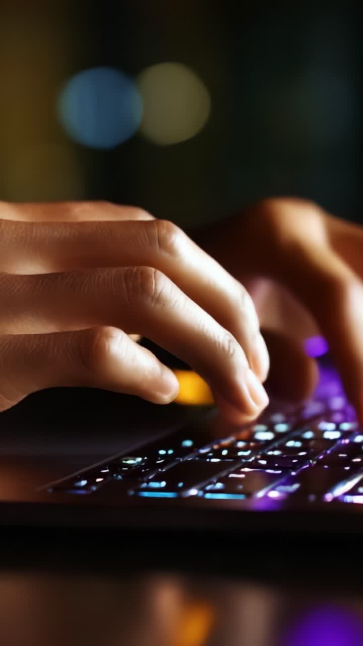 Close-up of a person's hand typing on a glowing laptop keyboard at night, showcasing the beauty of technology and the art of digital communication