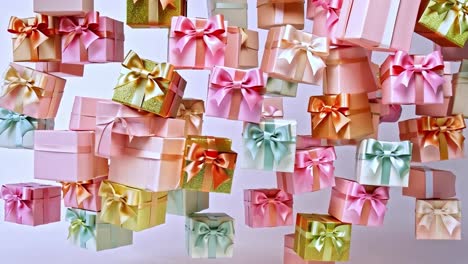 a collection of colorful gift boxes with ribbons
