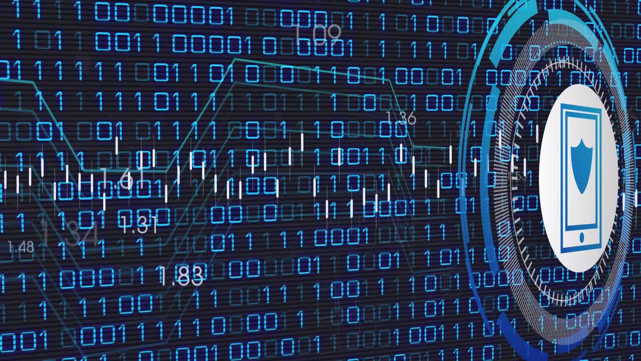 파란색 배경 위에 방패 아이콘으로 데이터 처리의 애니메이션