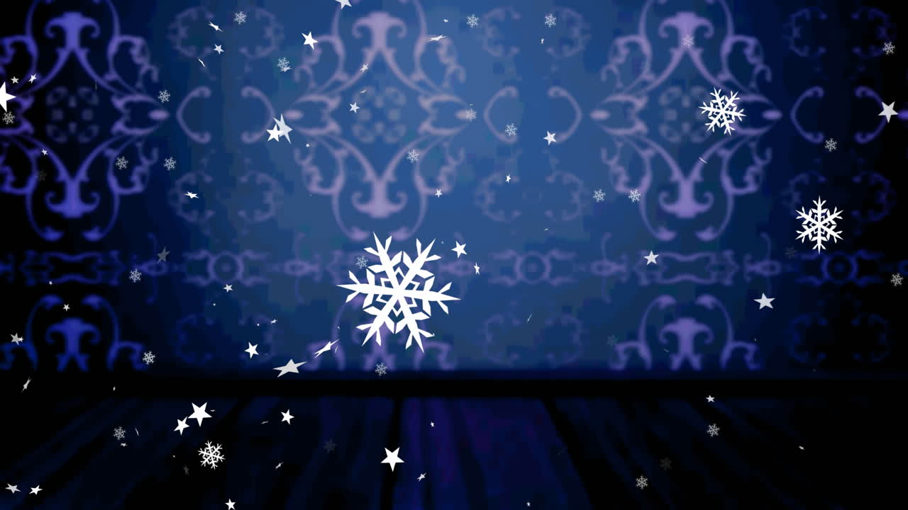 animación de copos de nieve de navidad cayendo sobre un fondo decorativo azul