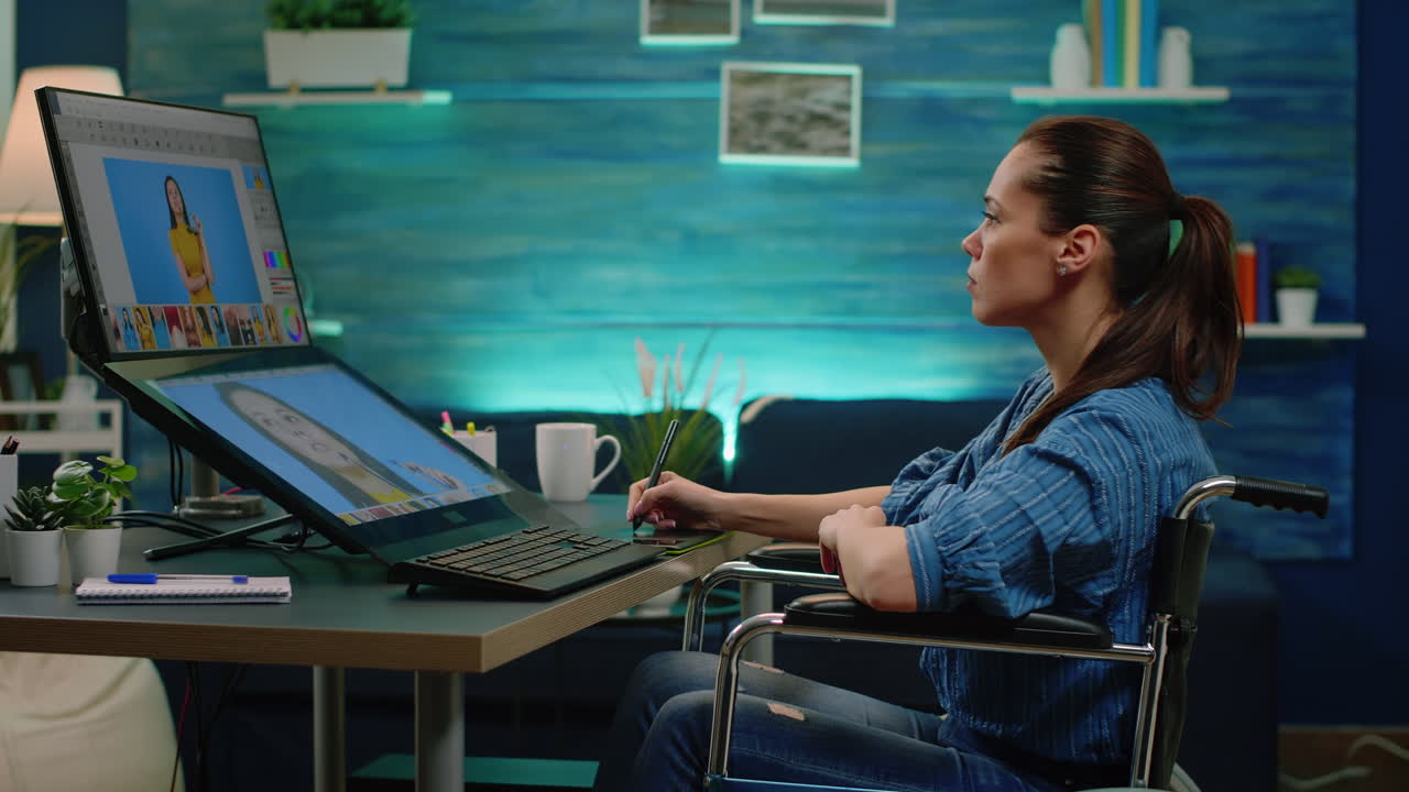 Disabled editor doing retouch work with editing software