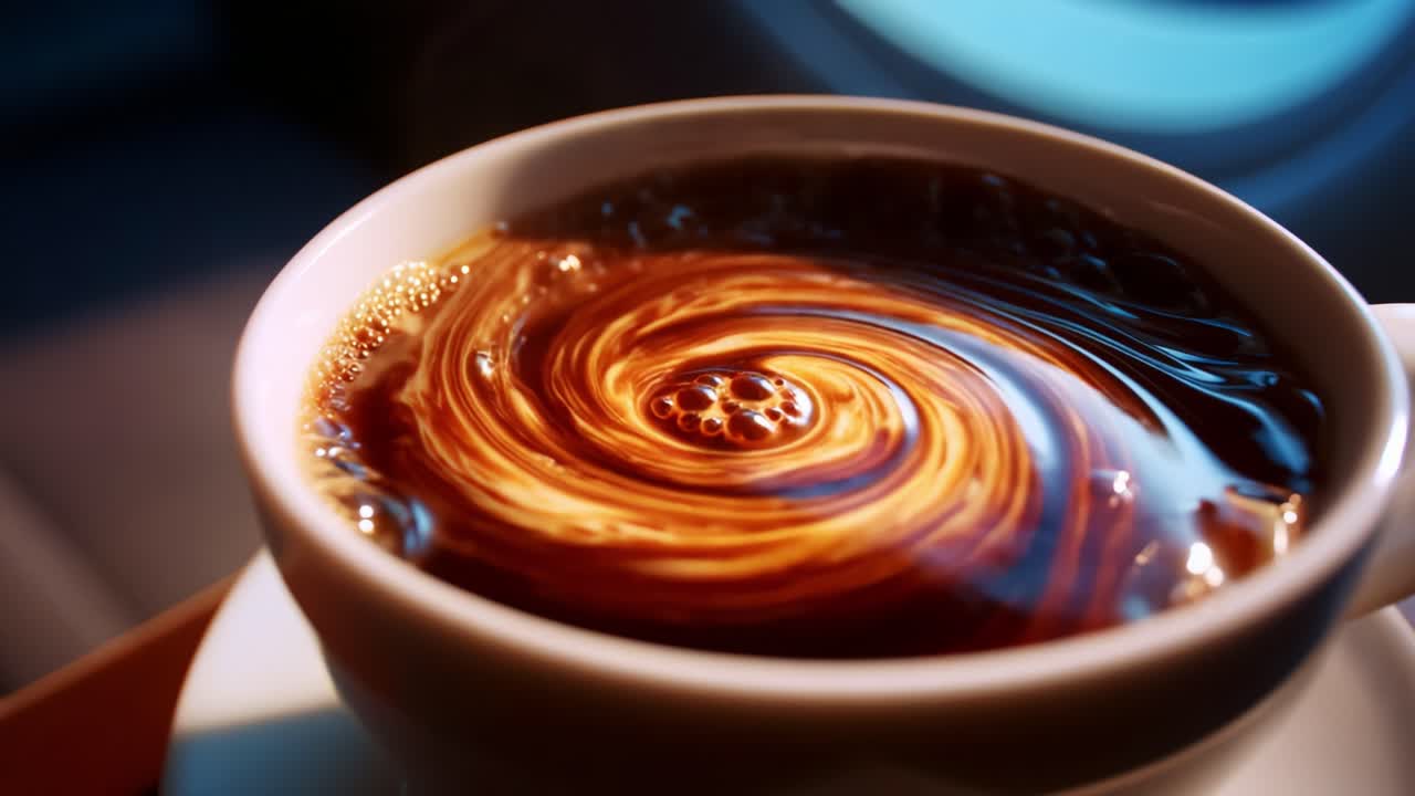 A Captivating Close-Up of Coffee Swirling with Cream: Discover the Beautiful Interaction Between Dark Brew and Light Swirls, Capturing the Essence and Aroma of a Perfect Cup on a Serene Background