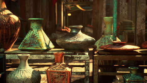 colorful pottery vases on display in a market stall