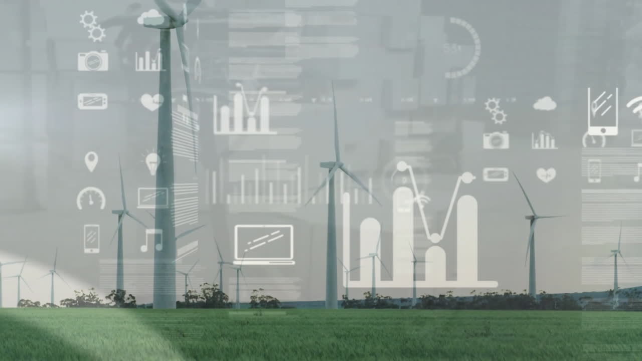 Animation of data processing and diagrams over wind turbines on field