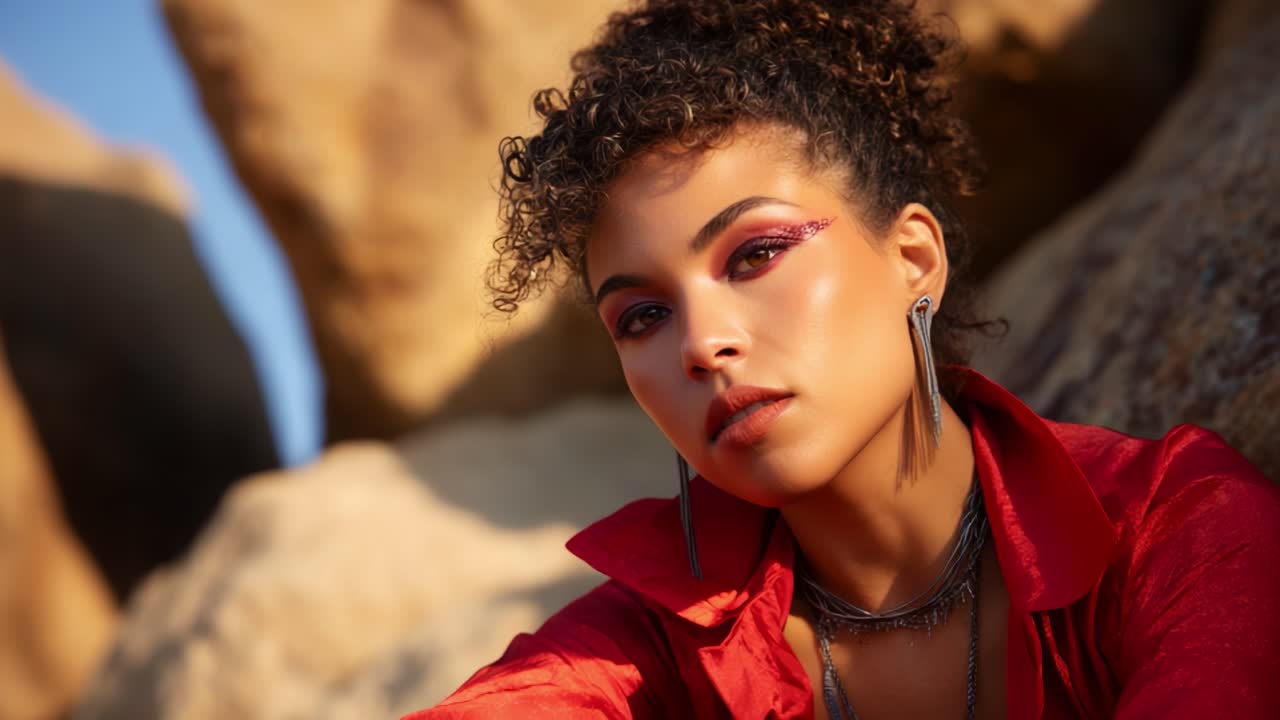 Splendido ritratto di una modella alla moda con trucco audace su sfondo roccioso naturale, che mette in mostra colori vivaci e accessori unici in una luce accattivante