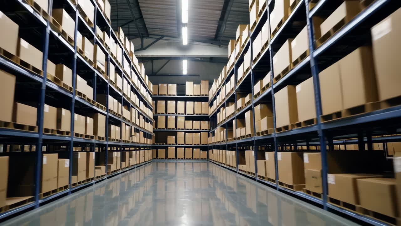 interior del almacén con cajas de cartón en los estantes